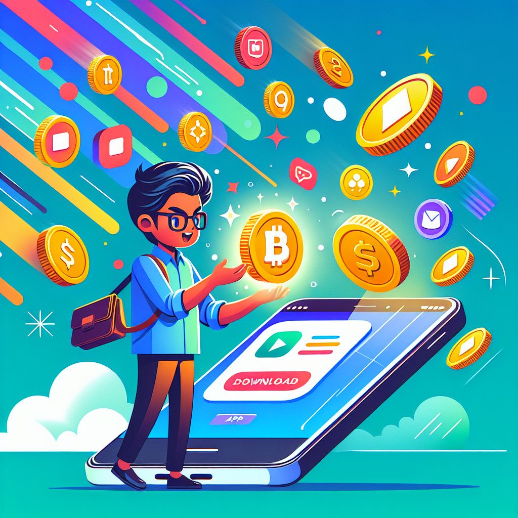 BDT66 app cartoon character holding a smartphone with app interface and coins