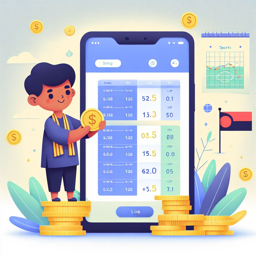 BDT66 themed cartoon bettor with a phone showing live odds and coins