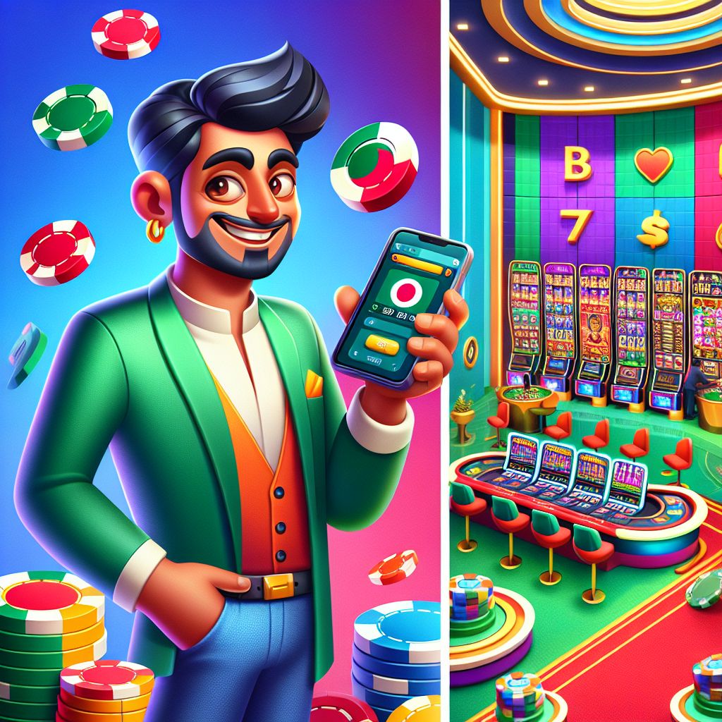 BDT66 casino cartoon character with chips, cards, and slot reels in a bright Bangladesh-themed scene