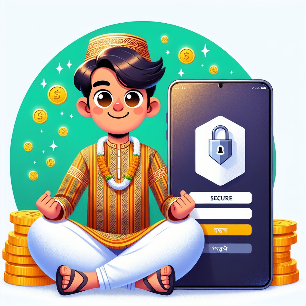Cartoon character holding a phone with a secure login screen and BDT66 branding