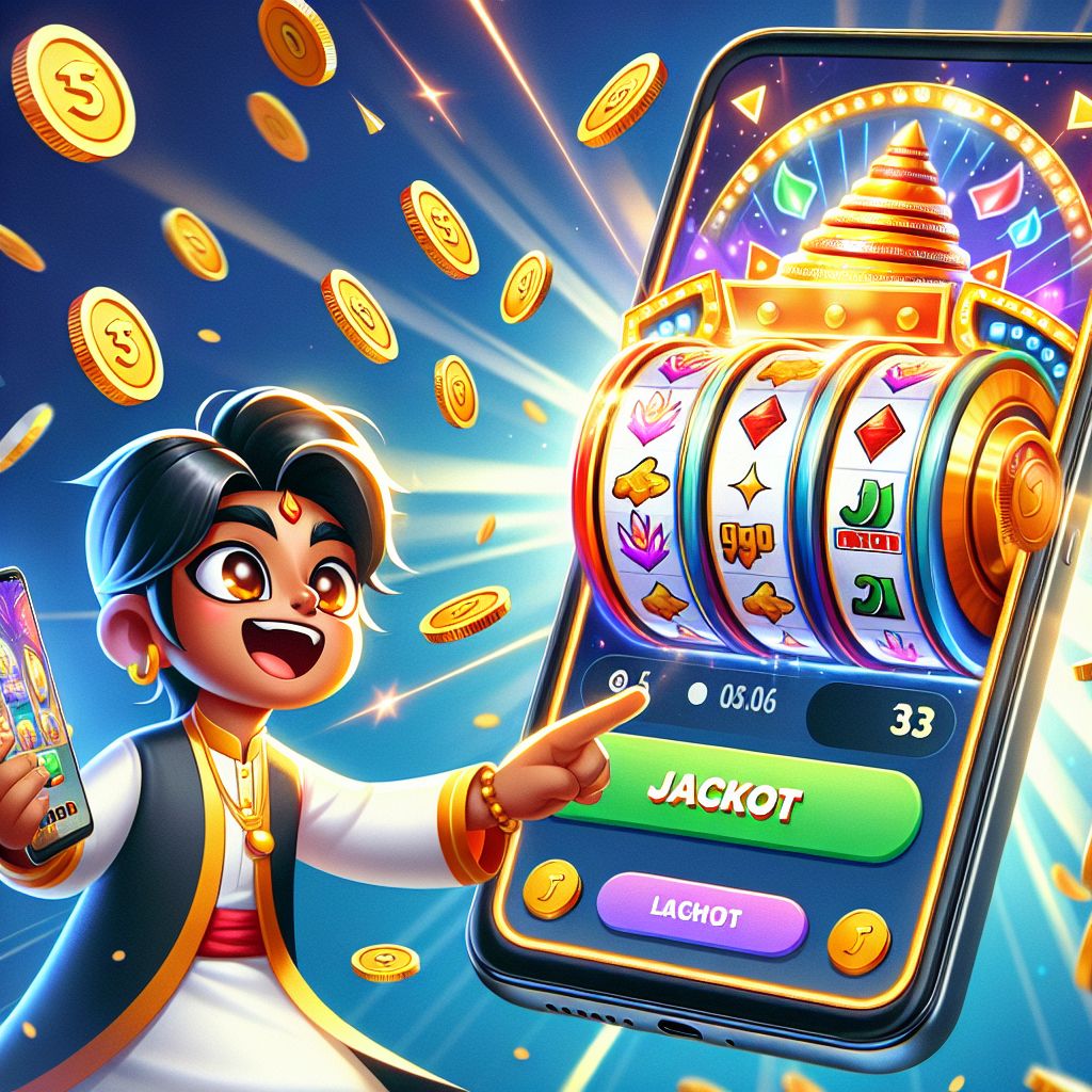 BDT66 slot-themed cartoon character holding a smartphone with reels and coins